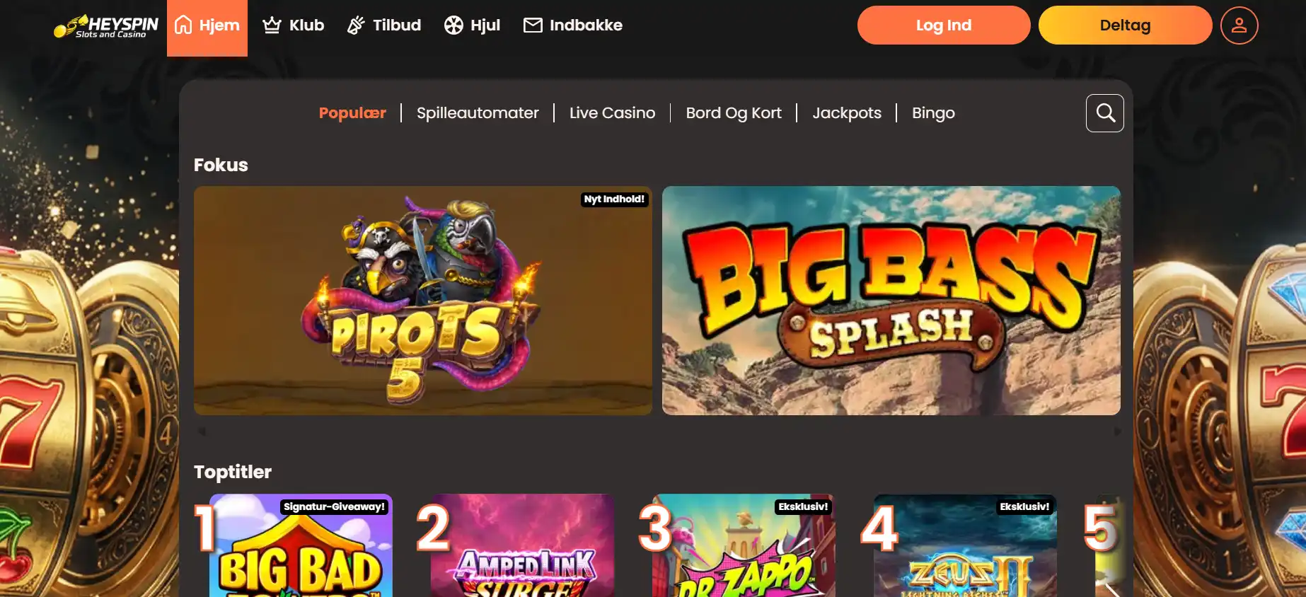 HeySpins danske hjemmeside og casino-lobby