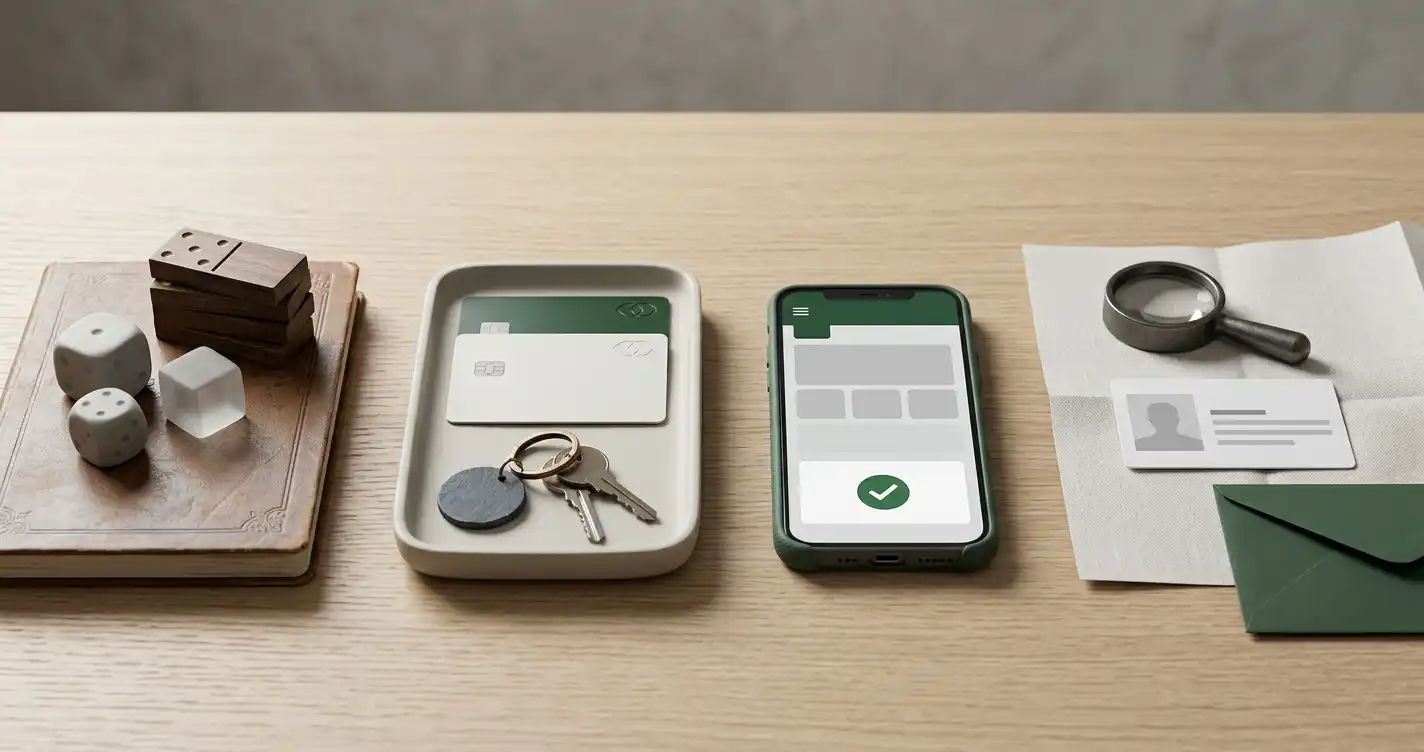 Illustration af tjekliste med spil, betalinger, mobil og verificering